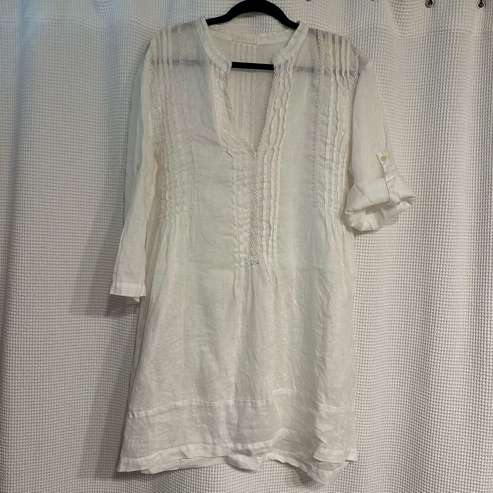 CP SHADES Regina Linen Twill Pintuck Detail Lightweight Tunic Top White Sz Med